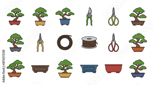 Bonsai Trees and Gardening Tools Illustration Set.