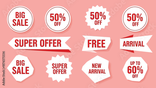 Collection of colorful sale banners and promotional tags with discount offers