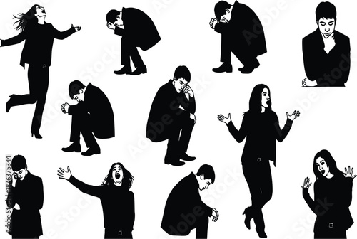 Collection of diverse human silhouette poses depicting various emotions and actions ideal for graphic design and conceptual illustrations