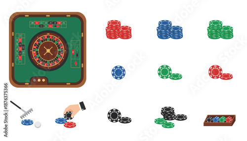 Casino Roulette Table and Gaming Chips.