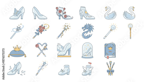 Cinderella Fairy Tale Icons and Symbols.