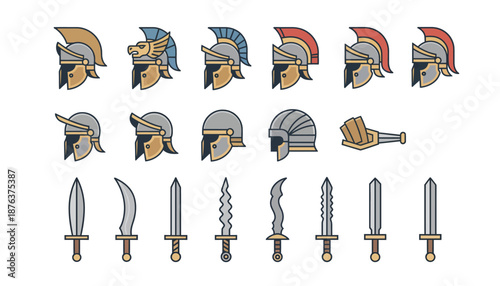 Ancient Greek Roman Warrior Helmets and Swords.