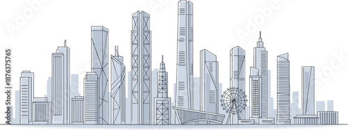 Modern city skyline illustration, contemporary skyscrapers line art, urban architecture landscape, high-rise buildings panorama, metropolitan downtown view, futuristic cityscape design, real estate 
