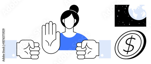 Conflict resolution, equality, finance, negotiation, global responsibility, personal boundaries. Woman with outstretched hand blocking two fists near globe and coin symbols. Conflict resolution