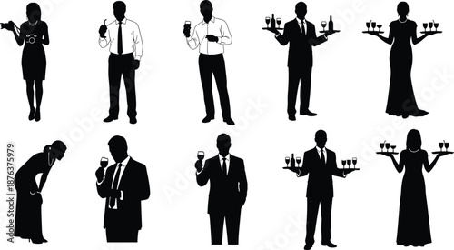 Elegant party guests silhouettes holding wine glasses and serving drinks set for cocktail reception celebration vector illustration design