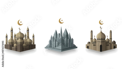 Islamic architecture with mosques and crescent moons on white background