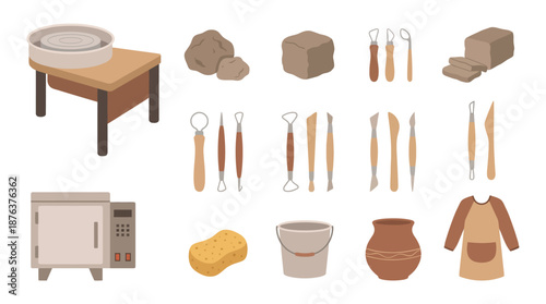 Collection of Clay Modeling Tools and Supplies.