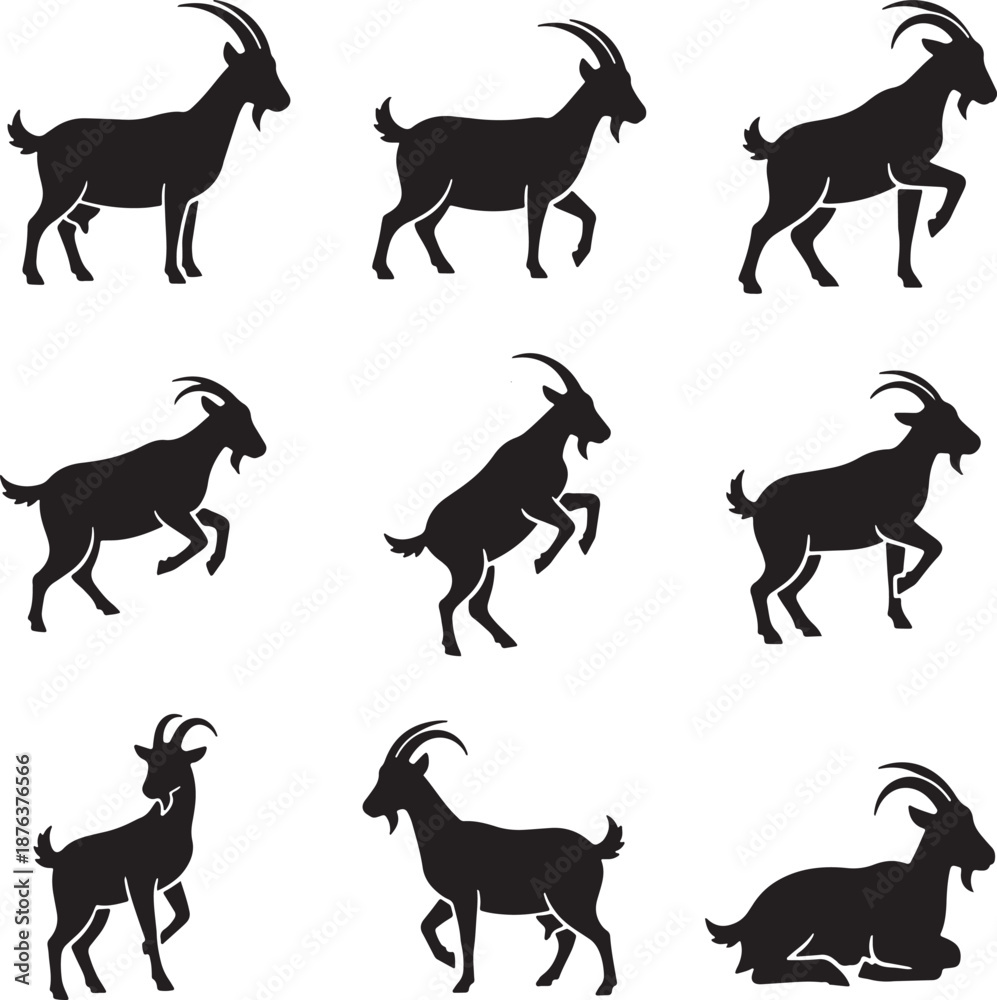 Obraz premium Vector Silhouette Icon Set of Goat Action Poses Showing Standing Walking Climbing Rearing and Resting Farm Animal Movement Illustration Livestock Rural Agriculture Nature Wildlife Pasture Design