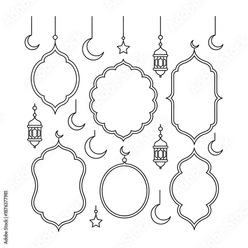 Geometric Forms of Ornamentation: Intricate outlines showcase elegant frames and decorative lanterns, and celestial motifs. The illustration evokes a sense of refined beauty.