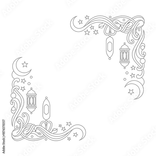 Festive Ornamentation: Intricate line art creates an elegant and ornamental border design, featuring a crescent moon, stars, and lanterns, perfect for celebrations and decorative purposes.
