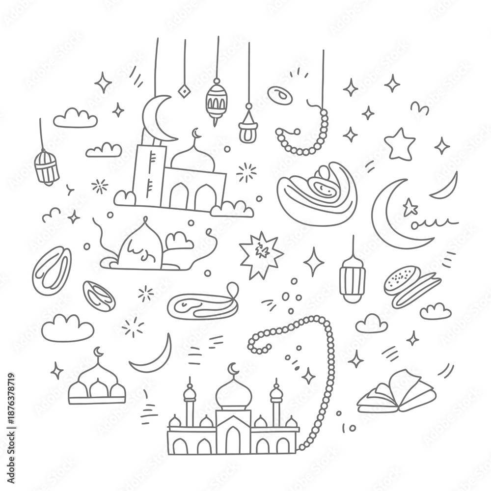 Fototapeta premium Hand-drawn Ramadan Icons: A collection of meticulously hand-drawn Ramadan icons, capturing the essence of the holy month with intricate detail and artistic flair.