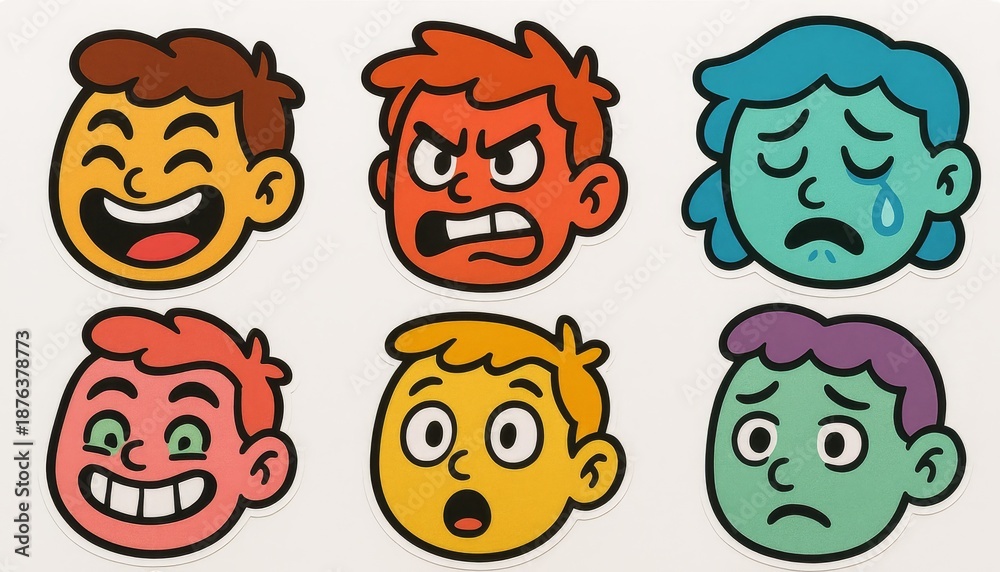 Obraz premium Colorful cartoon emotion faces depicting different feelings like happiness, anger, sadness and surprise, stickers isolated on white background