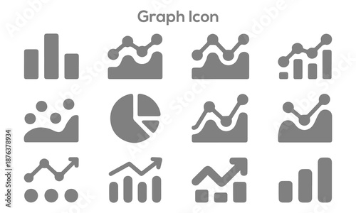 Professional grey minimalist graph icon set featuring bar charts line graphs pie charts growth arrows and data visualization symbols
