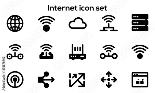 Professional internet icon set with globe wifi cloud server router web browser networking symbols for digital technology communication design
