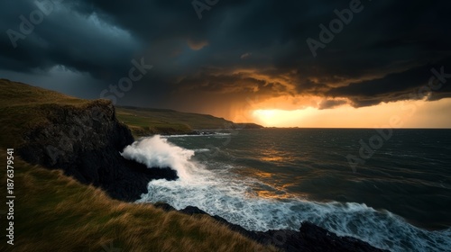 Stormy ocean waves crashing against rocky cliffs coastal landscape dramatic sunset view nature photography