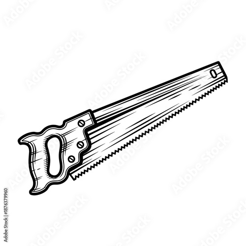 Classic Hand Saw Illustration for Woodworking Projects and Manual Carpentry Tasks, Featuring a Traditional Design with a Serrated Blade and Ergonomic Handle, Ideal for Construction and DIY Crafts