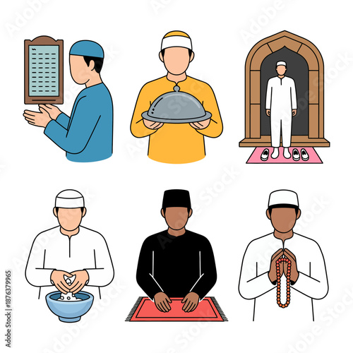 Muslim Rituals: A vivid illustration depicts the various steps of the daily Muslim prayer rituals, showcasing devotion and spirituality through graphic details.
