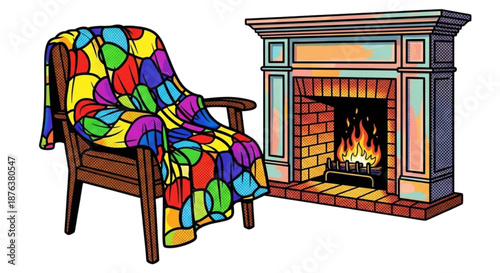 Colorful blanket draped over wooden chair by warm fireplace  
