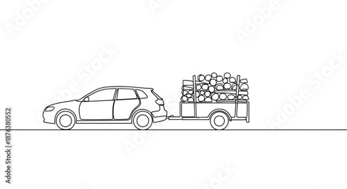 Car towing trailer loaded with firewood in minimalist style  
