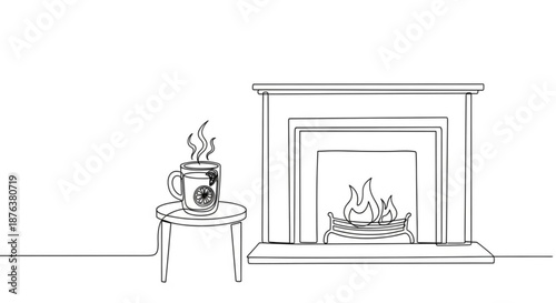 Cozy fireplace scene with steaming mug on side table  