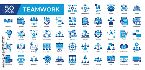 Teamwork collection set. Statistics, Supervised ,Teamwork, Project , Presentation, Strategy , Communications, Diagram, icon. Simple Dual Tone vector illustration