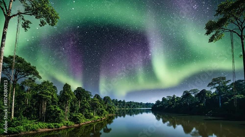 Observing the Northern Lights Over a Calm Forest River