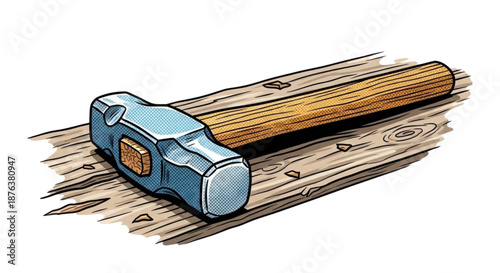 Hammer lying on wooden surface with rustic texture  