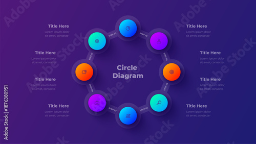 8 Steps Circle Process Infographic Diagram Presentation Template with Strategy Options on Dark Purple Background