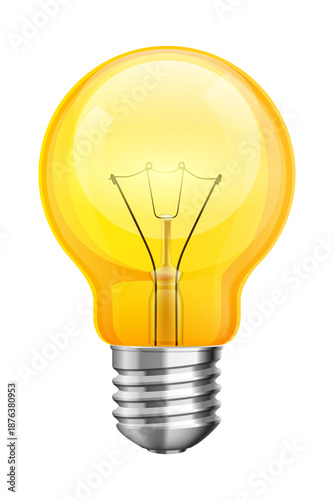 Realistic glowing yellow light bulb isolated on transparent background, symbol of creative idea and innovation, bright electric lamp 3d vector illustration