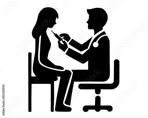 Silhouette of a doctor giving an injection to a patient, black and white style image, vector illustration.
