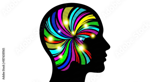 Silhouette of a human head with colorful ideas swirling inside  