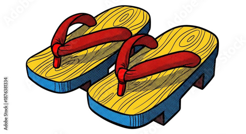 Wooden geta sandals with red straps in colorful design  