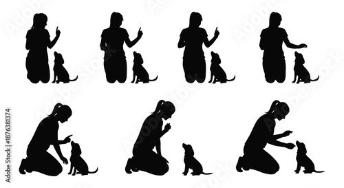 black silhouette images of people and their dogs in various poses silhouette high quality professional detailed