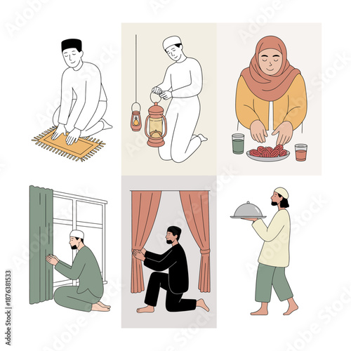 Islamic Lifestyle Illustrations: This captivating illustration showcases a mosaic of everyday activities within an Islamic lifestyle, encompassing prayer, acts of service, and moments of daily life.