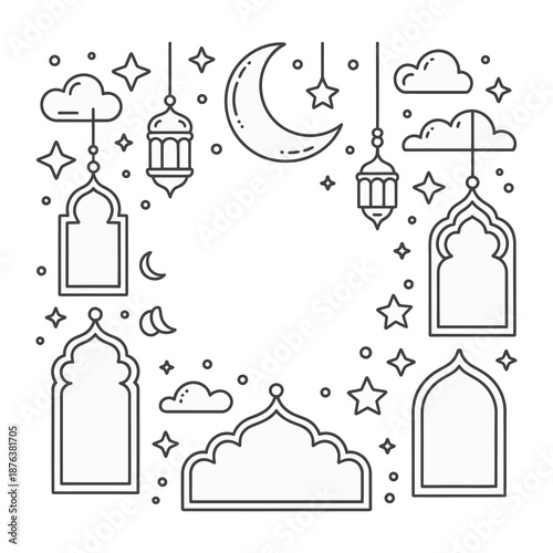 Moonlit Lanterns: Delicate outlines of lanterns, crescent moons, and stars twinkle, creating a frame that evokes a sense of serenity and spiritual reflection.