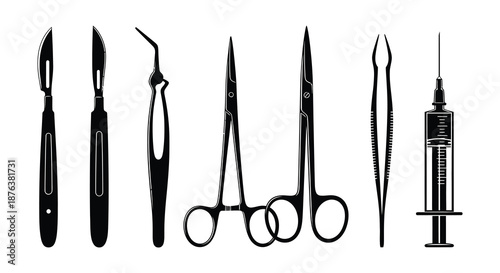 medical instruments in a row including scalpel forceps and syringe silhouette high quality professional detailed modern