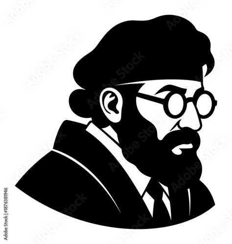 Profile of man with beard, glasses and beret vector icon
