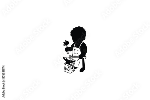 a black silhouette of a person working with a hammer and anvil in a workshop setting