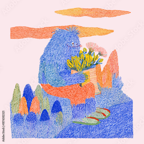 Whimsical Creature Holding a Flower Bouquet in a Colorful Landscape