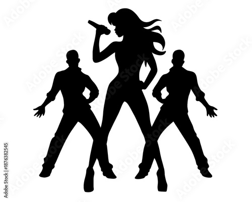 Black silhouette of a woman singing accompanied by several dancers, solo concert illustration, vector illustration.
