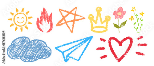 Collection of hand drawn symbols and emoticons on white background