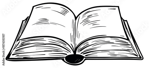 Hand drawn line art illustration of an open book depicting blank pages for education and learning