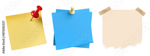 Set of sticky notes with pins and tape on white background
