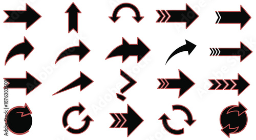 Collection of various black arrows with red outline on white background silhouette high quality professional detailed
