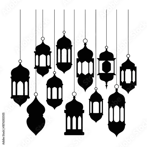 Islamic Lanterns Silhouette: An elegant collection of intricately designed lanterns, suspended gracefully. Each lantern silhouette, offers a glimpse of cultural artistry and religious symbolism. 