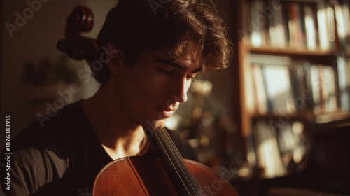 Man playing cello at home in evening light.