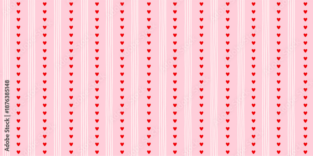 Fototapeta premium Small hearts hand drawn vintage pattern. Cute small hearts and wavy stripes girly print