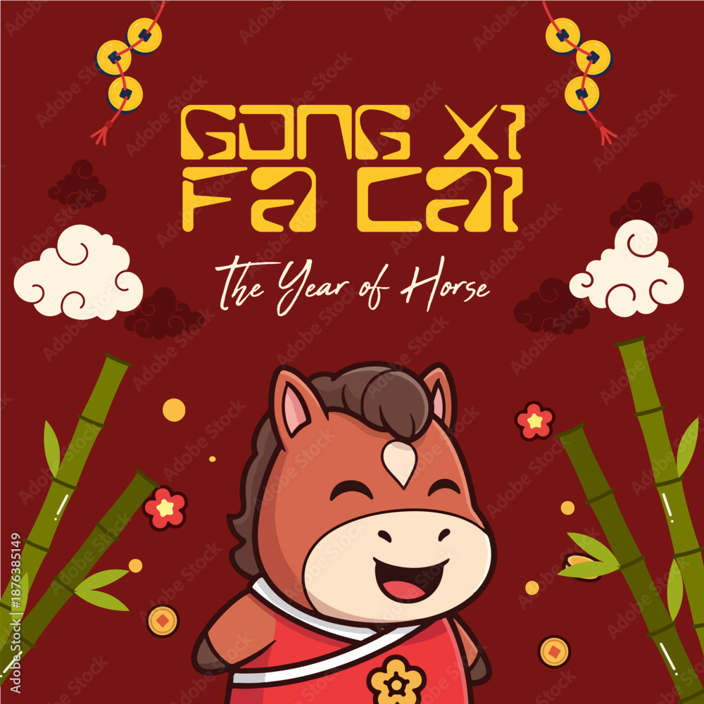 Fototapeta premium Feed Social Media Gong Xi Fa Cai 2026 Chinese New Year Cute Horse Illustration, Year of the Horse Cartoon Poster 11