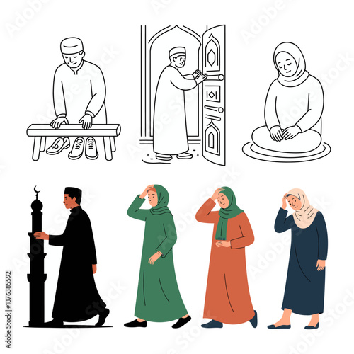 Islamic Culture Illustration Set: A curated illustration set of various people, embodying the essence of Islamic culture, highlighting acts of prayer, architectural elements, and clothing