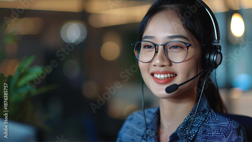 Professional Asian woman customer support operator wearing a headset and glasses 